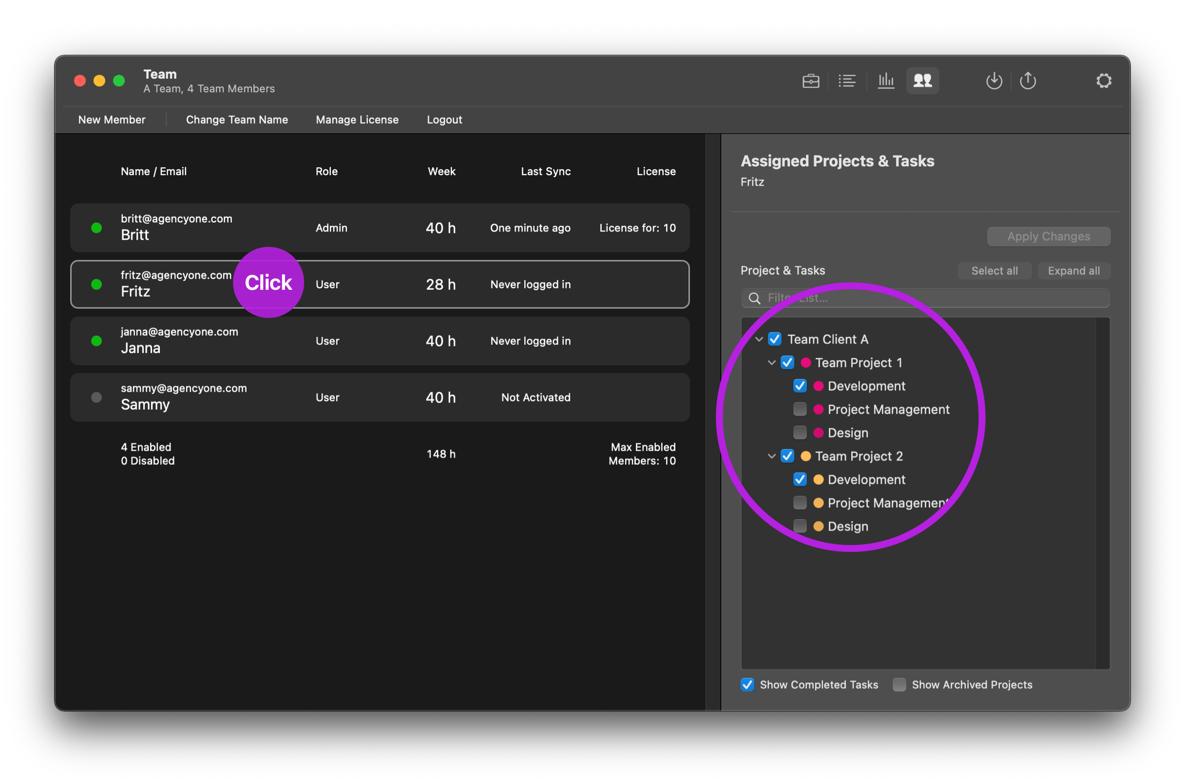 Projects and tasks assignment to a team member