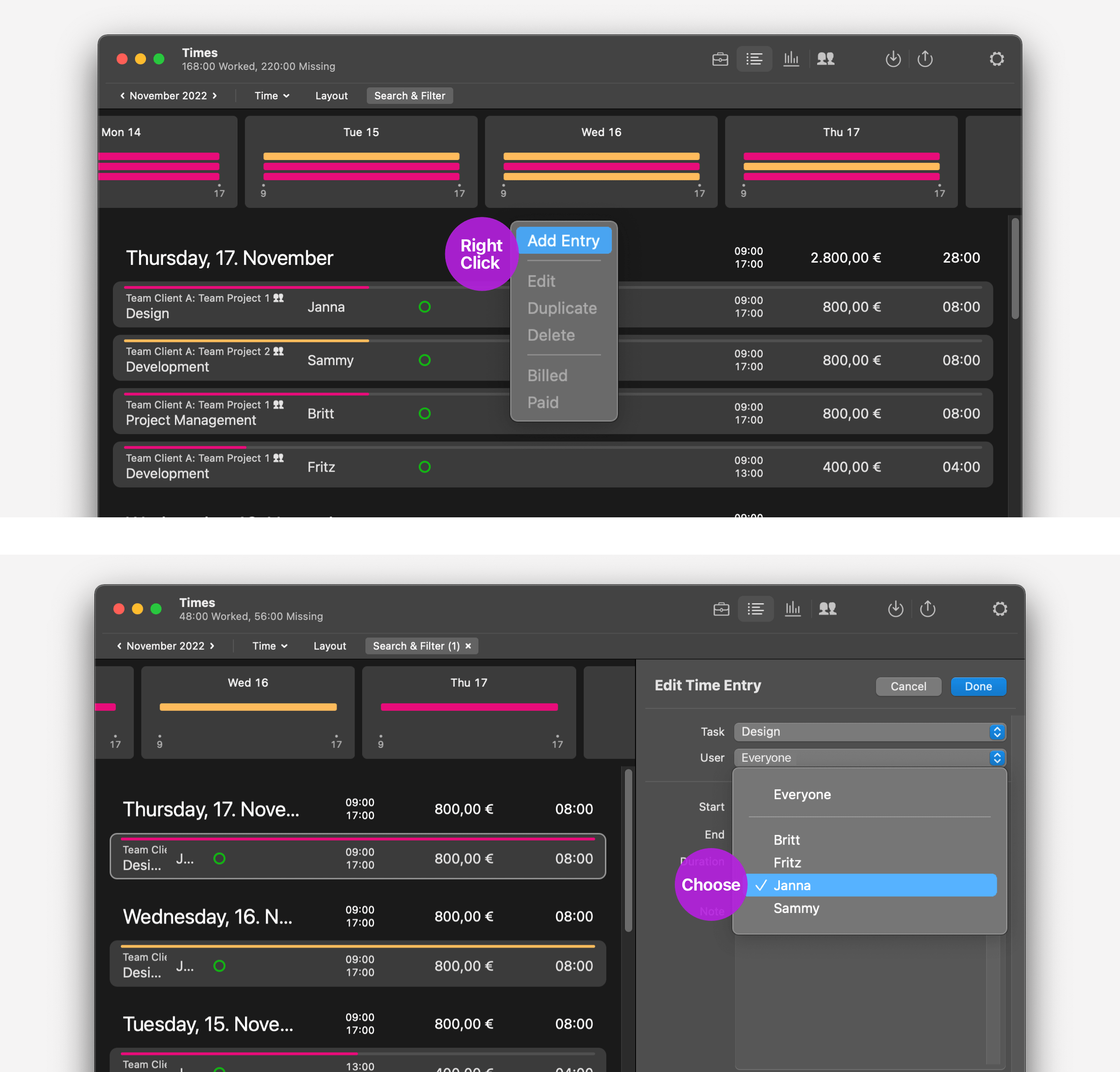 Team time entries overview