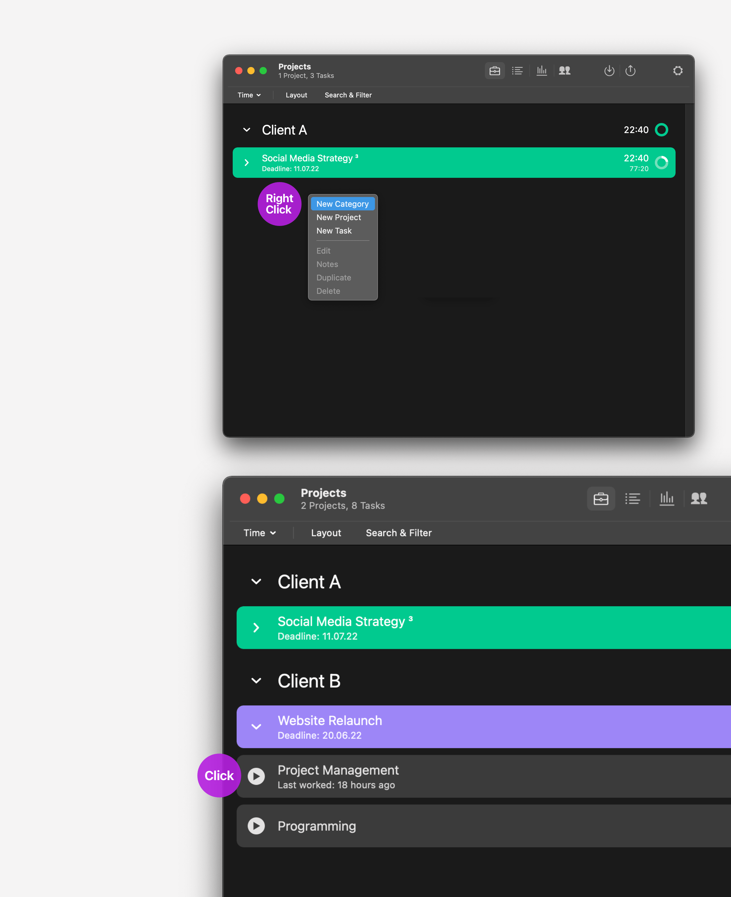 Your project list in the Tyme app