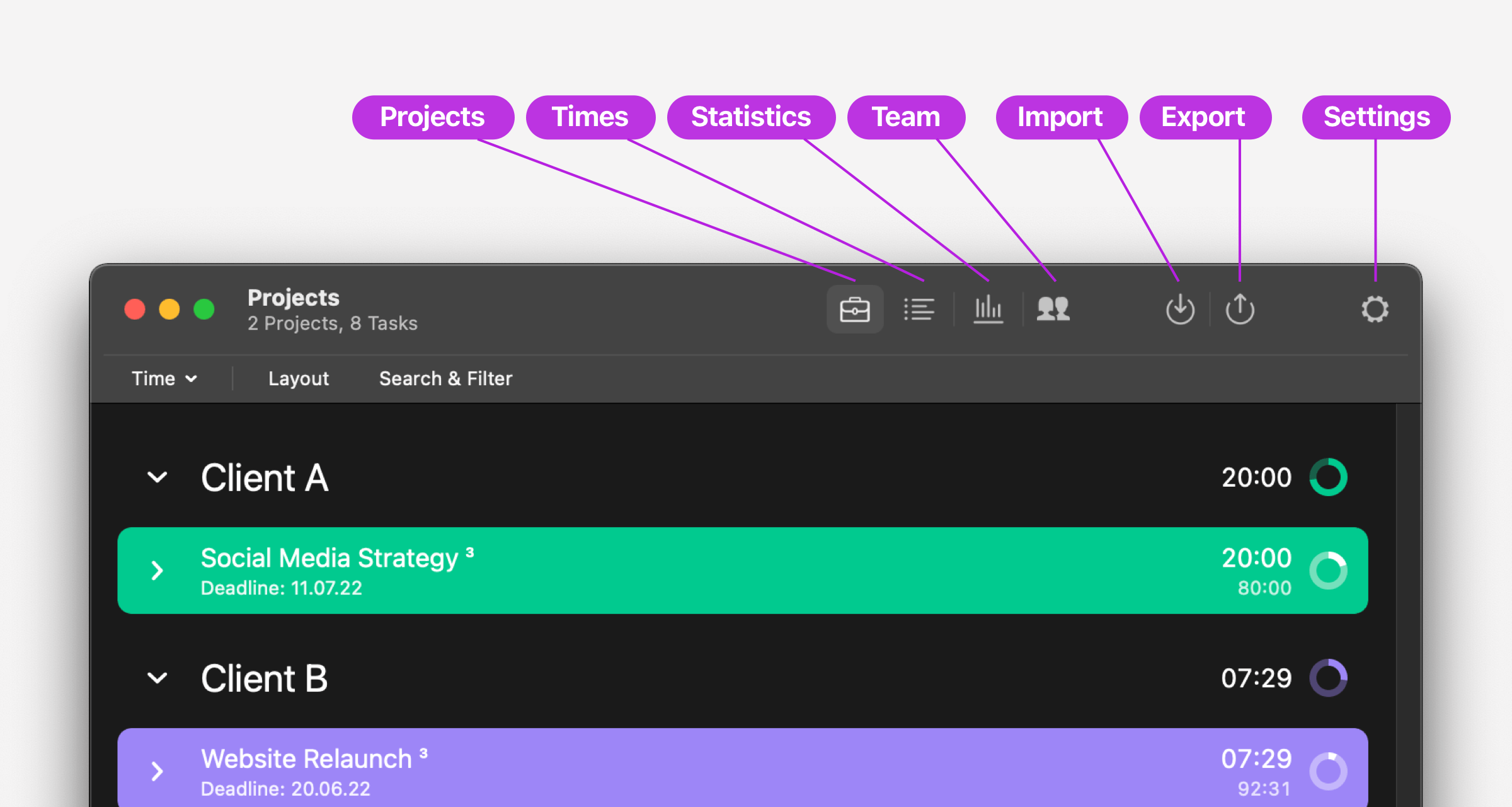 Projects, working hours, statistics, team, import and export in Tyme