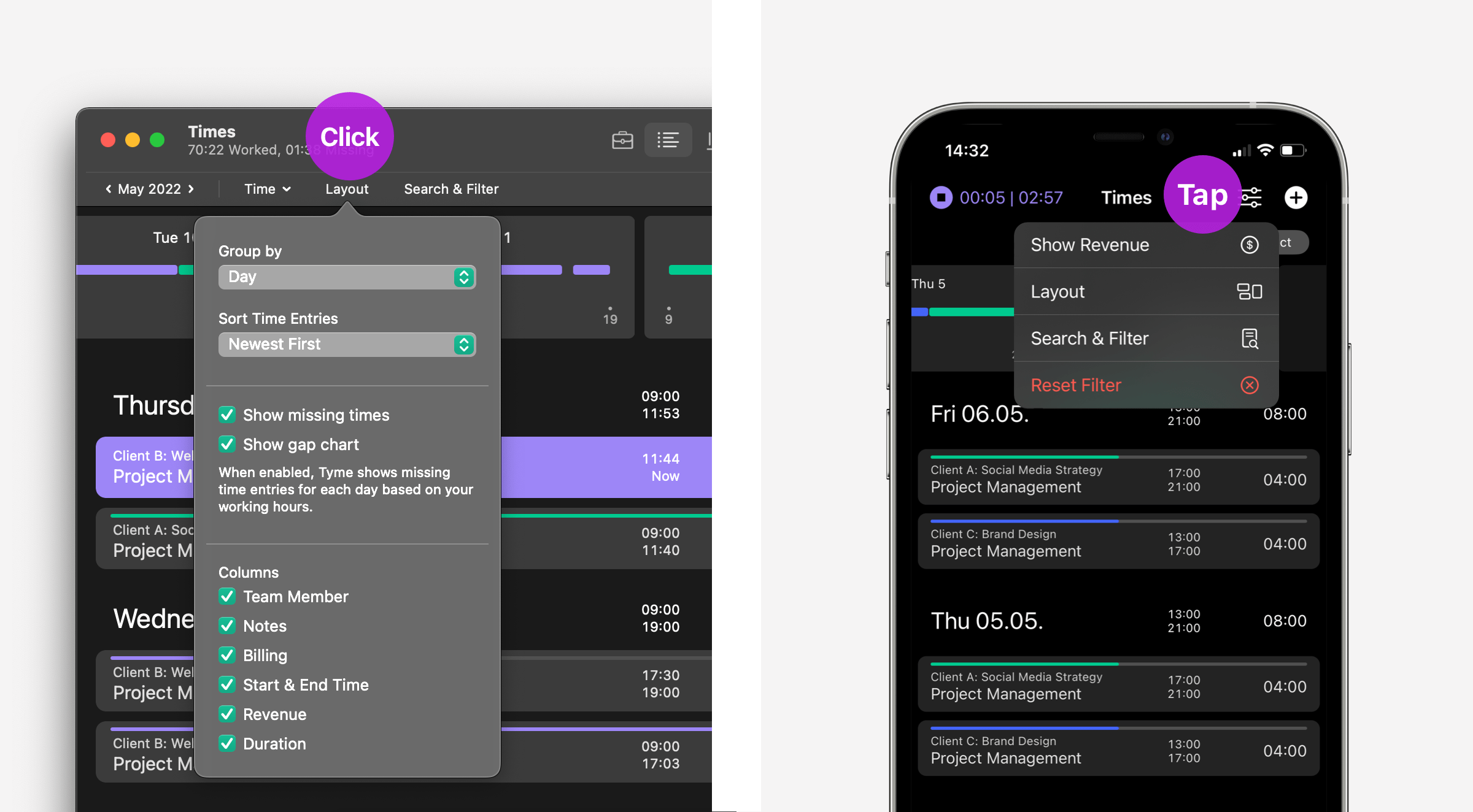 Layout and filter functions in Tyme