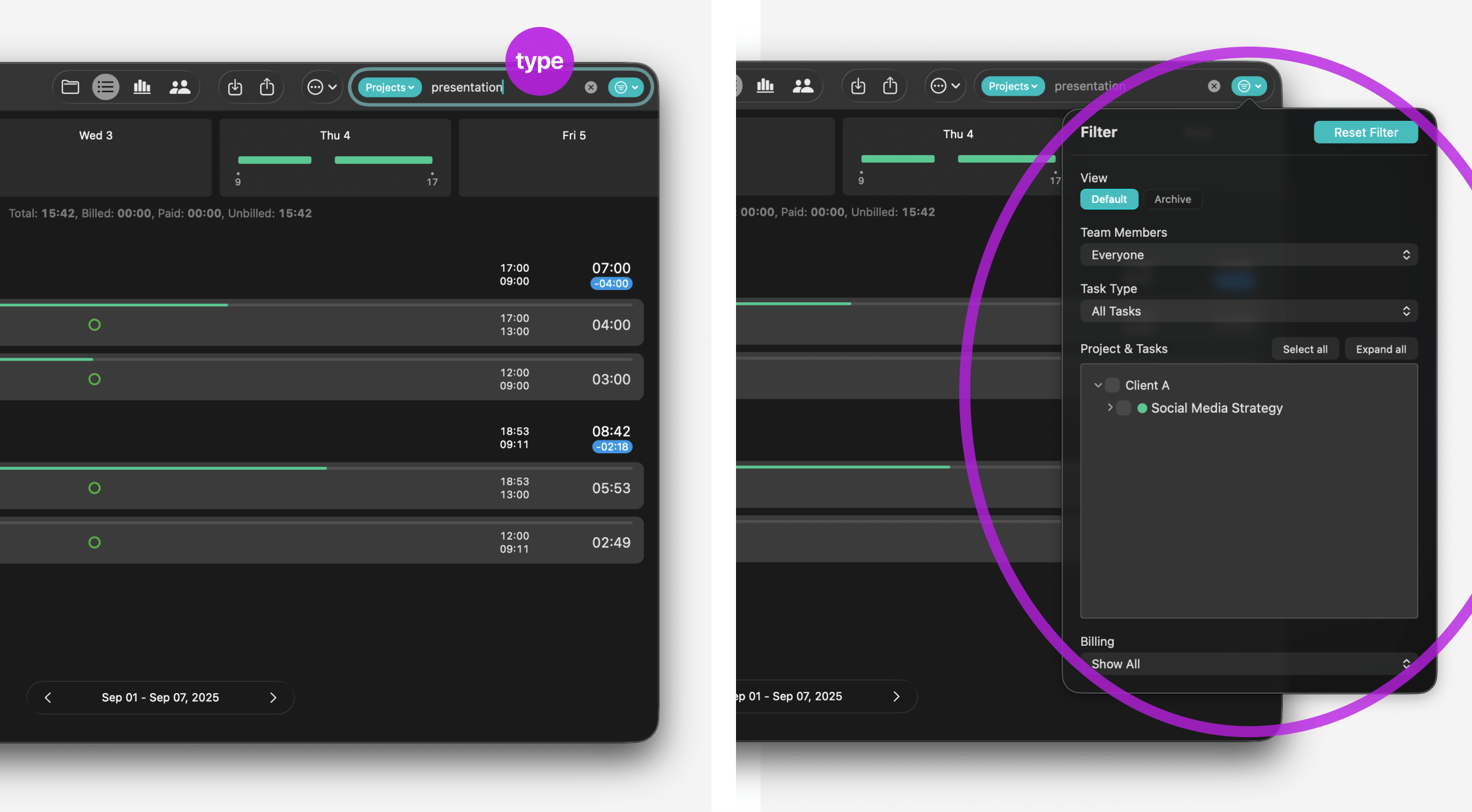 Suchen und Filtern in Tyme