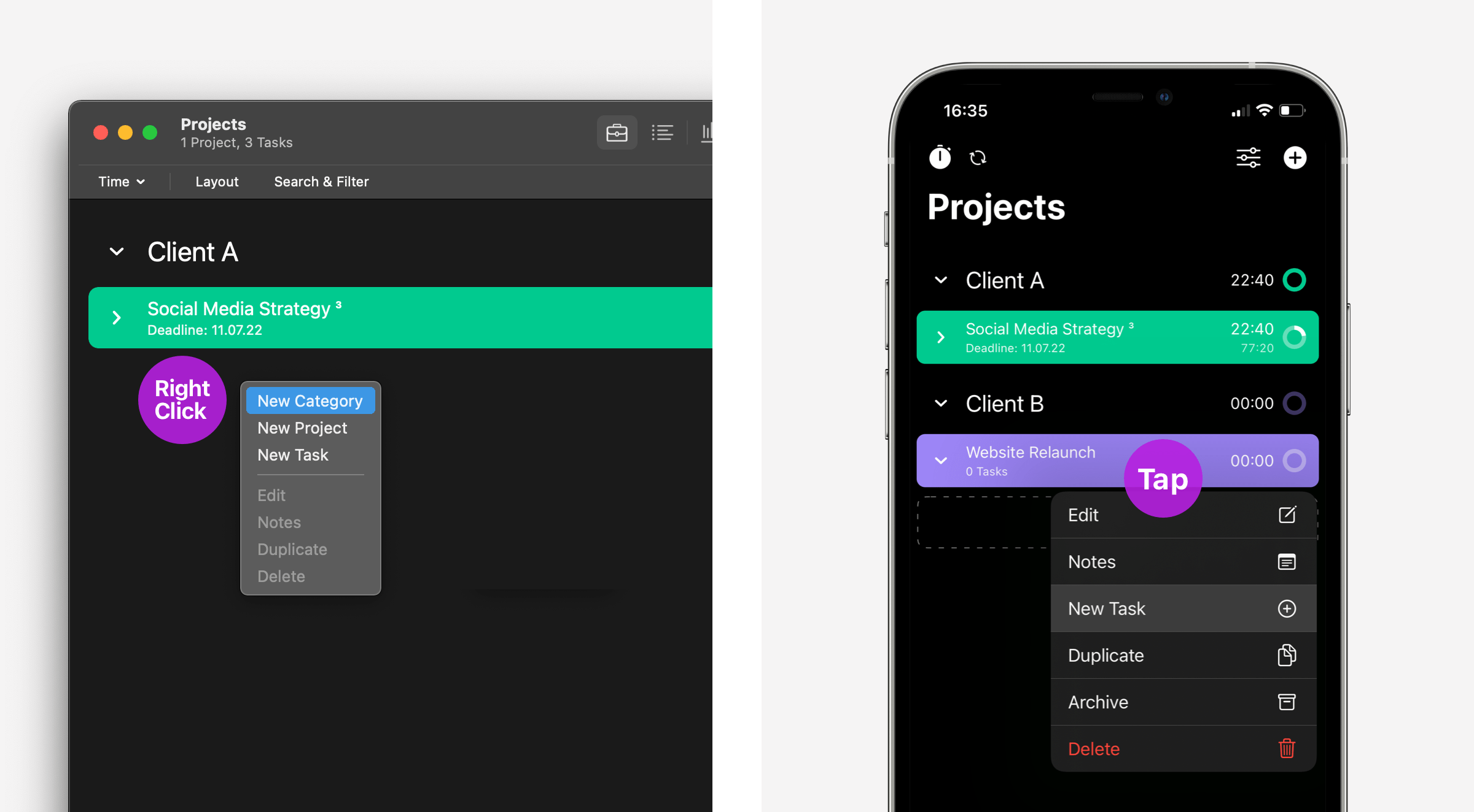 The action menu of the app on Mac and iPhone
