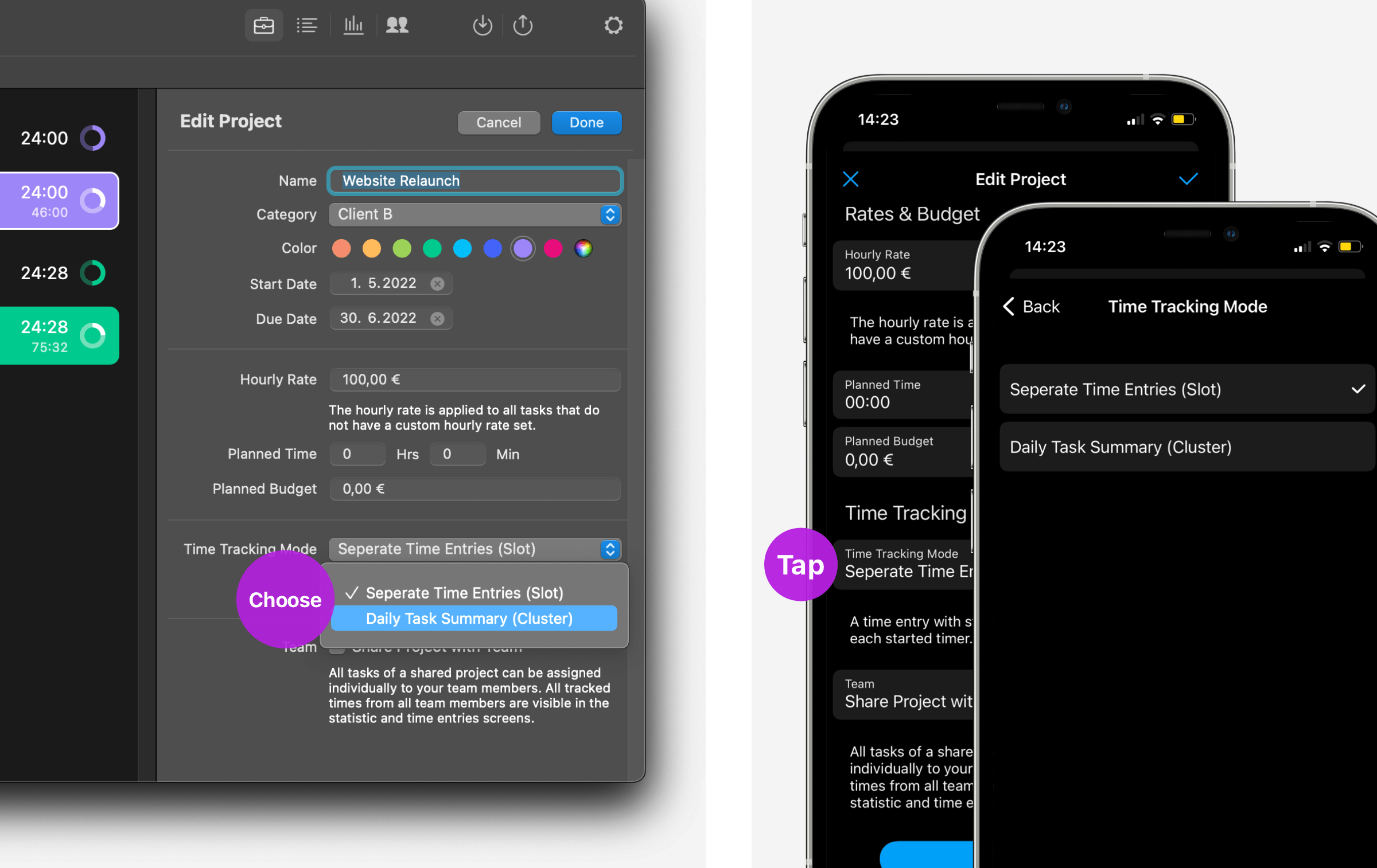 Methods of tracking working hours in Tyme