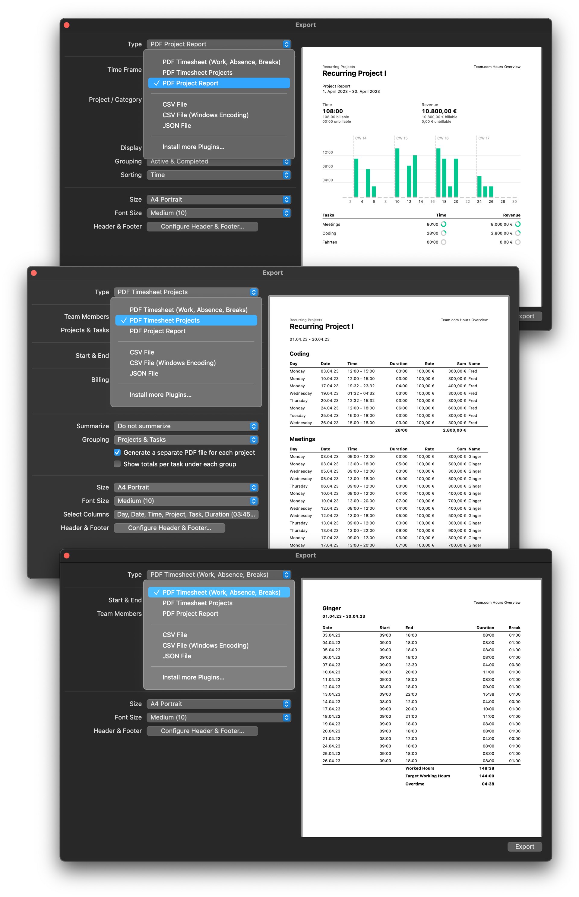 Export options