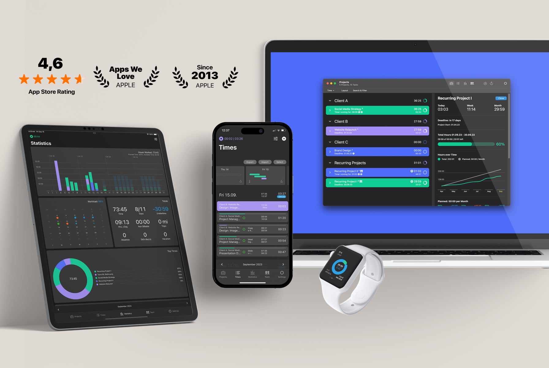 Time recording via app with Tyme for iOS, iPad, Apple Watch and Mac