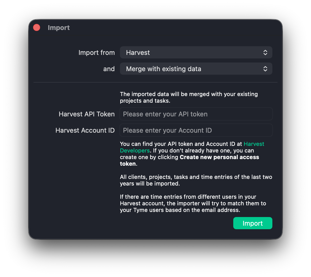 Harvest data import