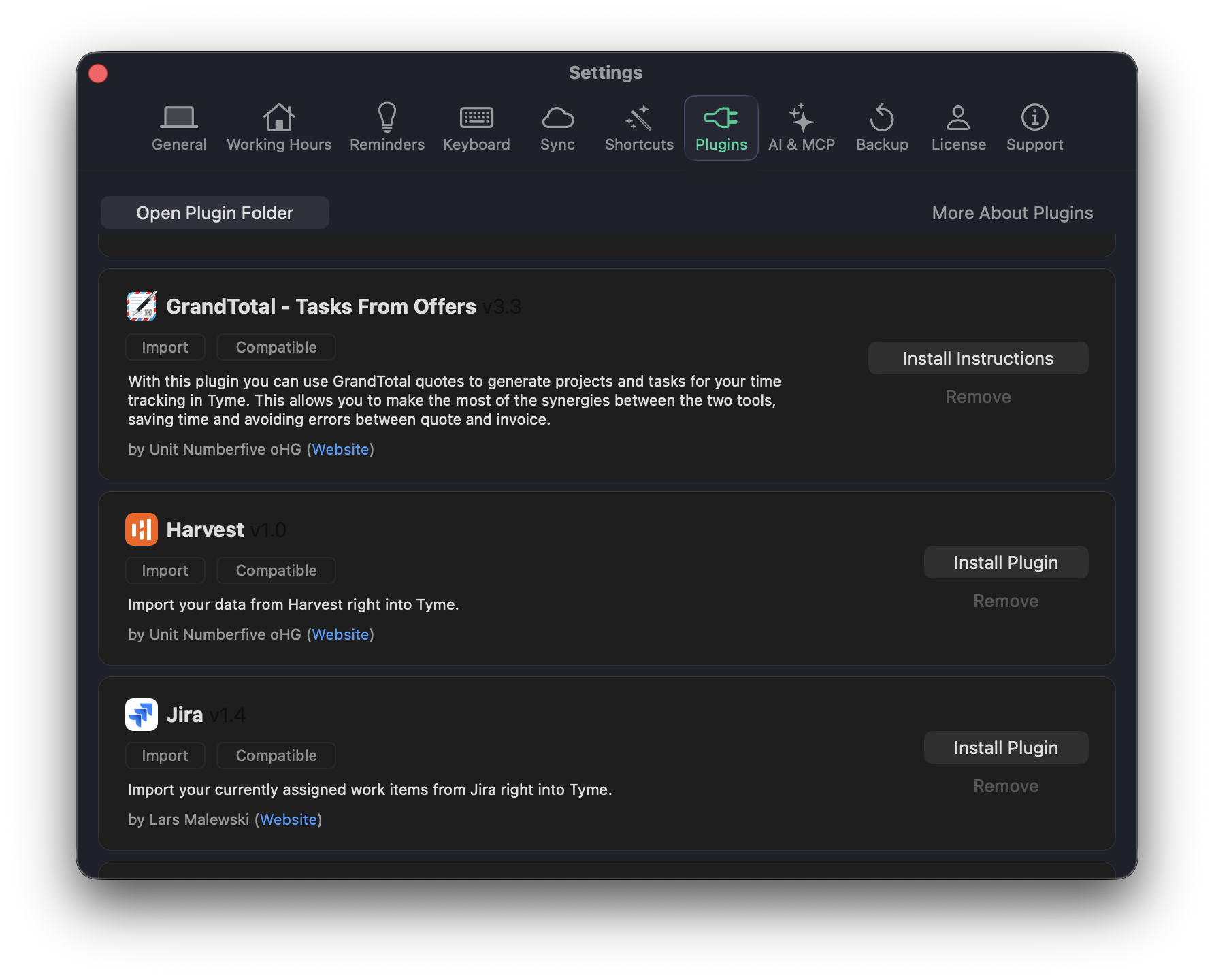 Harvest Importer Plugin in Tyme