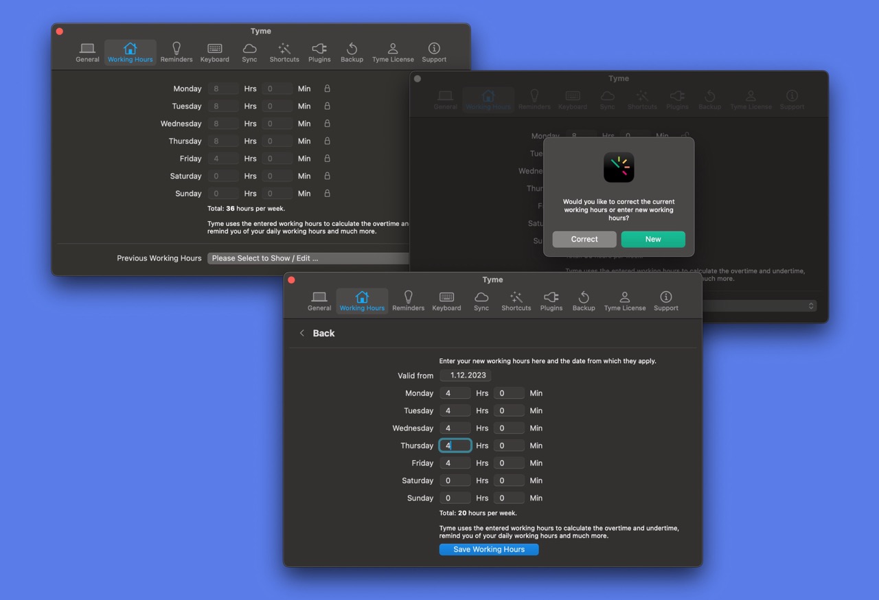 Set changed working hours in the Tyme app