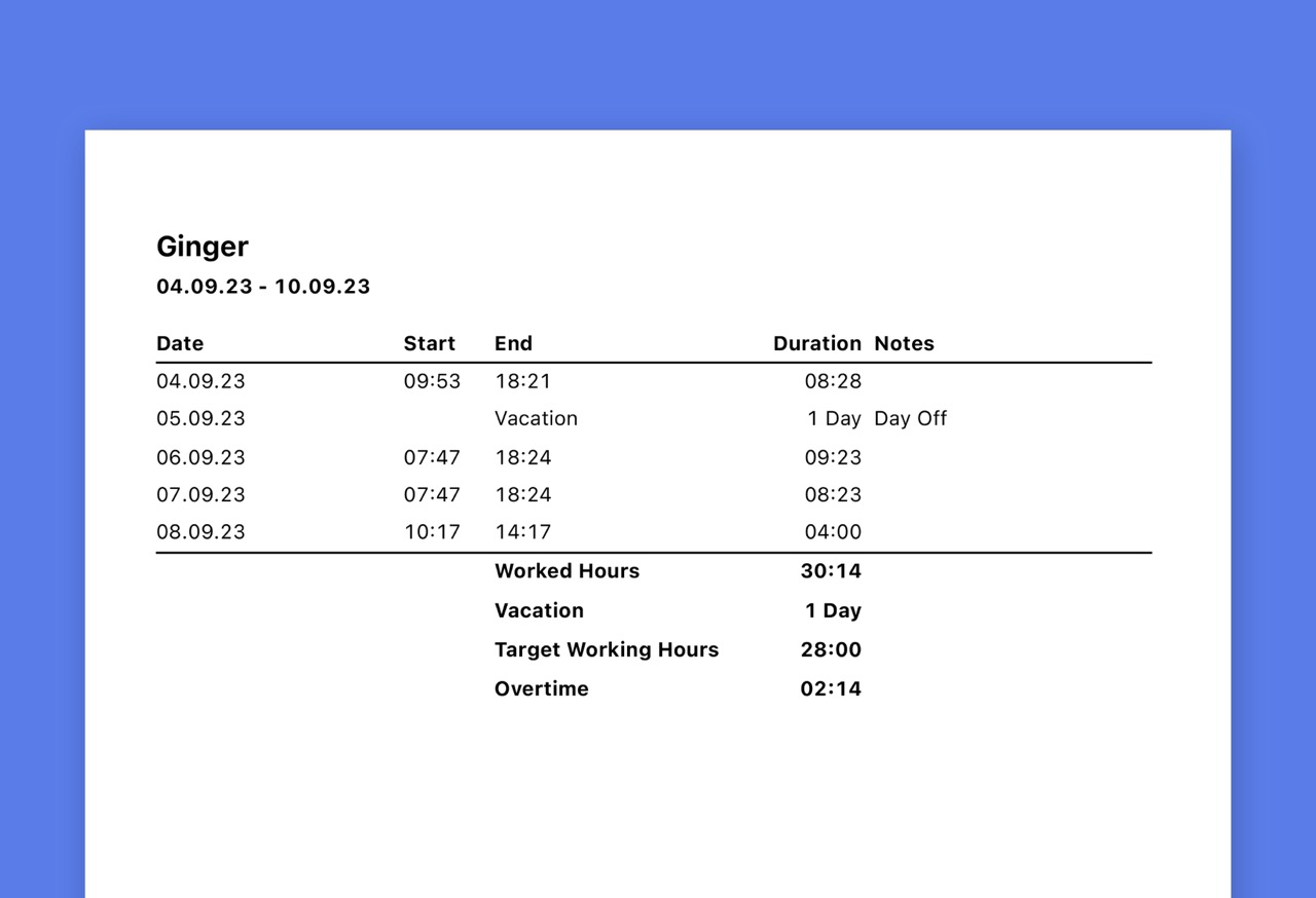 PDF view with exported working hours