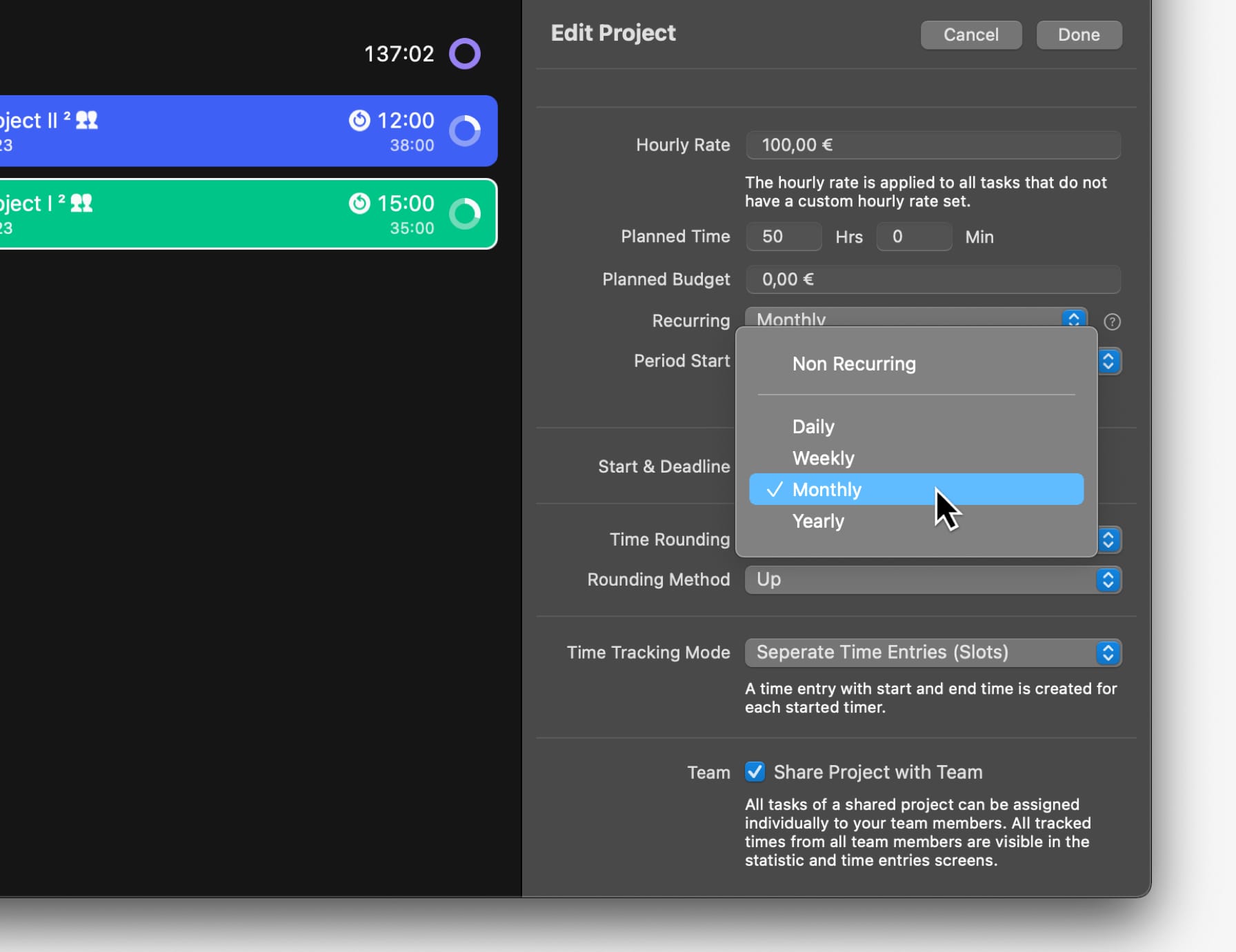 Set recurring budgets in Tyme
