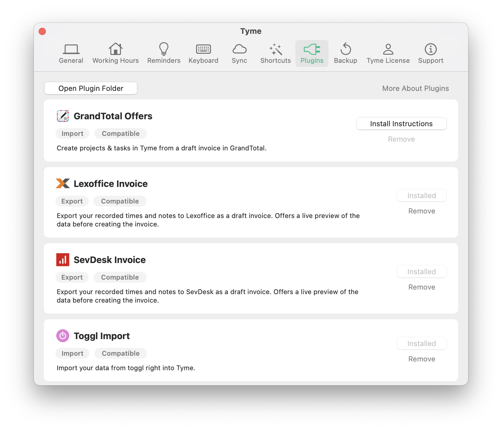 Aktiviere Tyme Plugins wie Lexware Office, sevdesk, GrandTotal, Billomat und Toggl