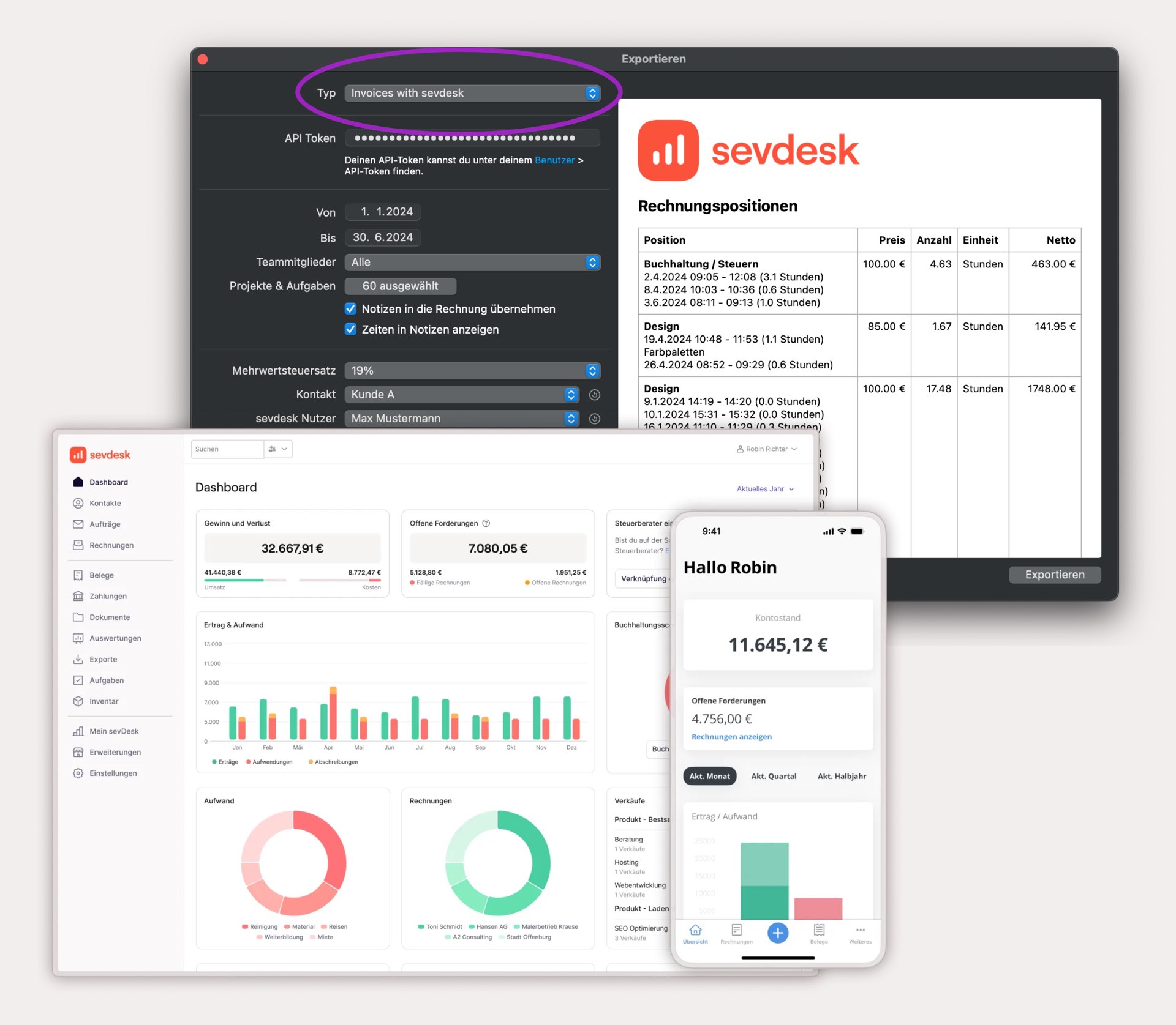Activating the sevdesk integration in the Tyme app