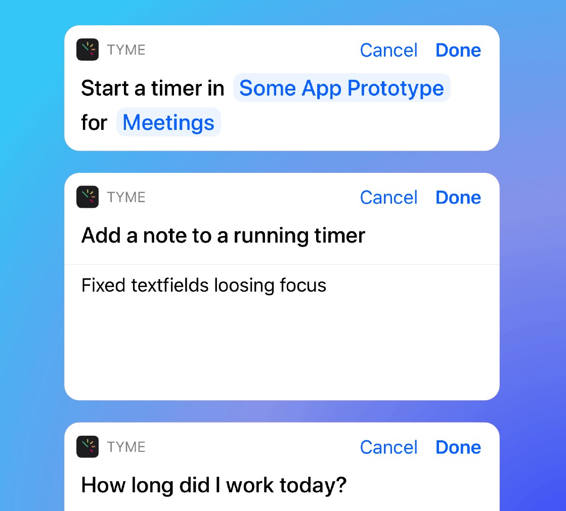 Apple Kurzbefehle Funktion für Tyme auf iPhone und Mac