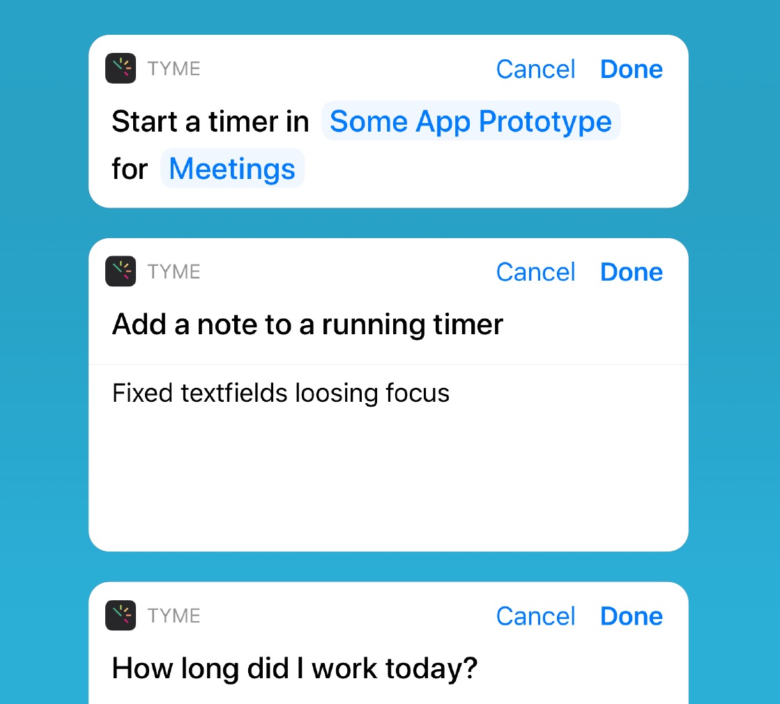 Apple shortcuts feature for Tyme on iPhone and Mac