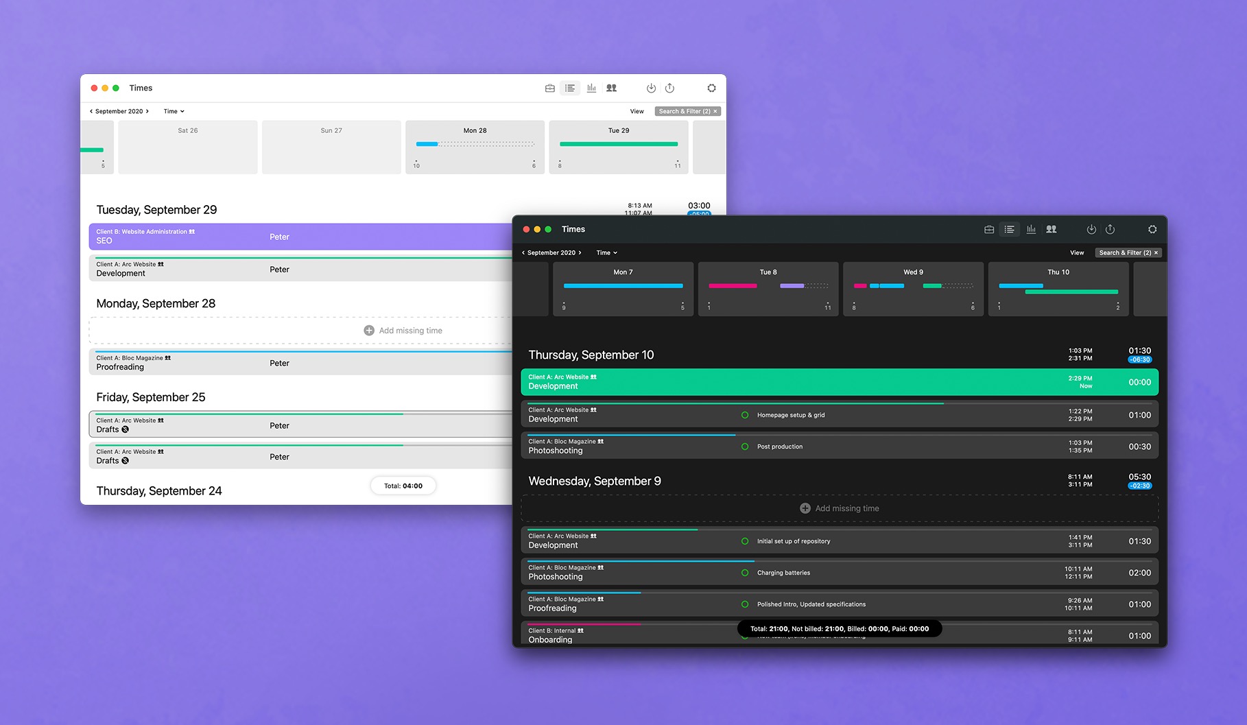 Screens zeigen Hellmodus und Dunkelmodus der App