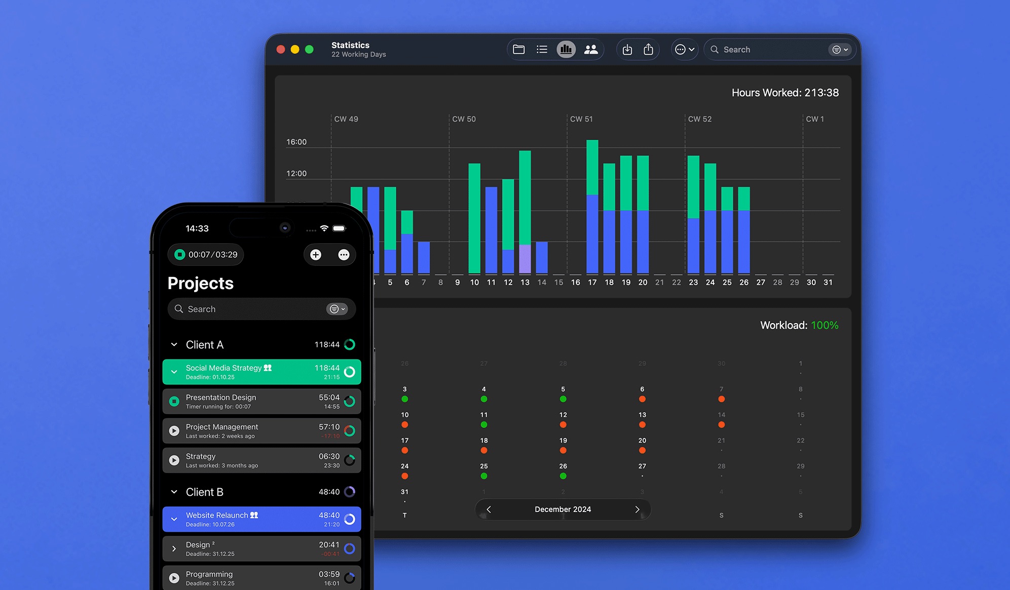 In the app: overview of your projects and workload