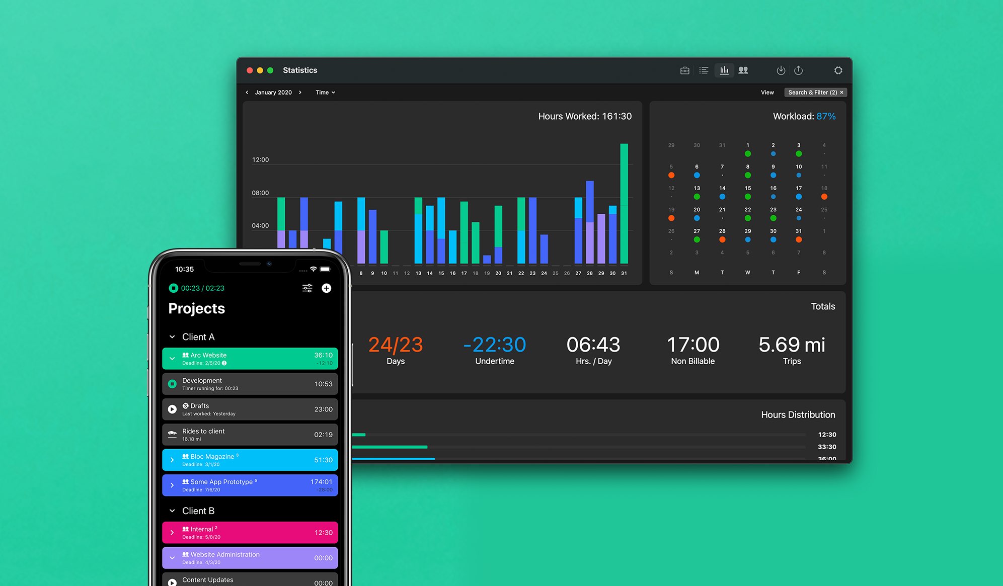 In the app: overview of your projects and workload