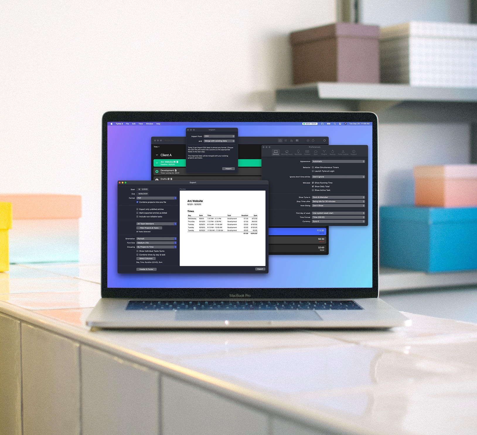 Tyme for Mac with additional features such as search, archive, widgets, CSV, hotkeys and more
