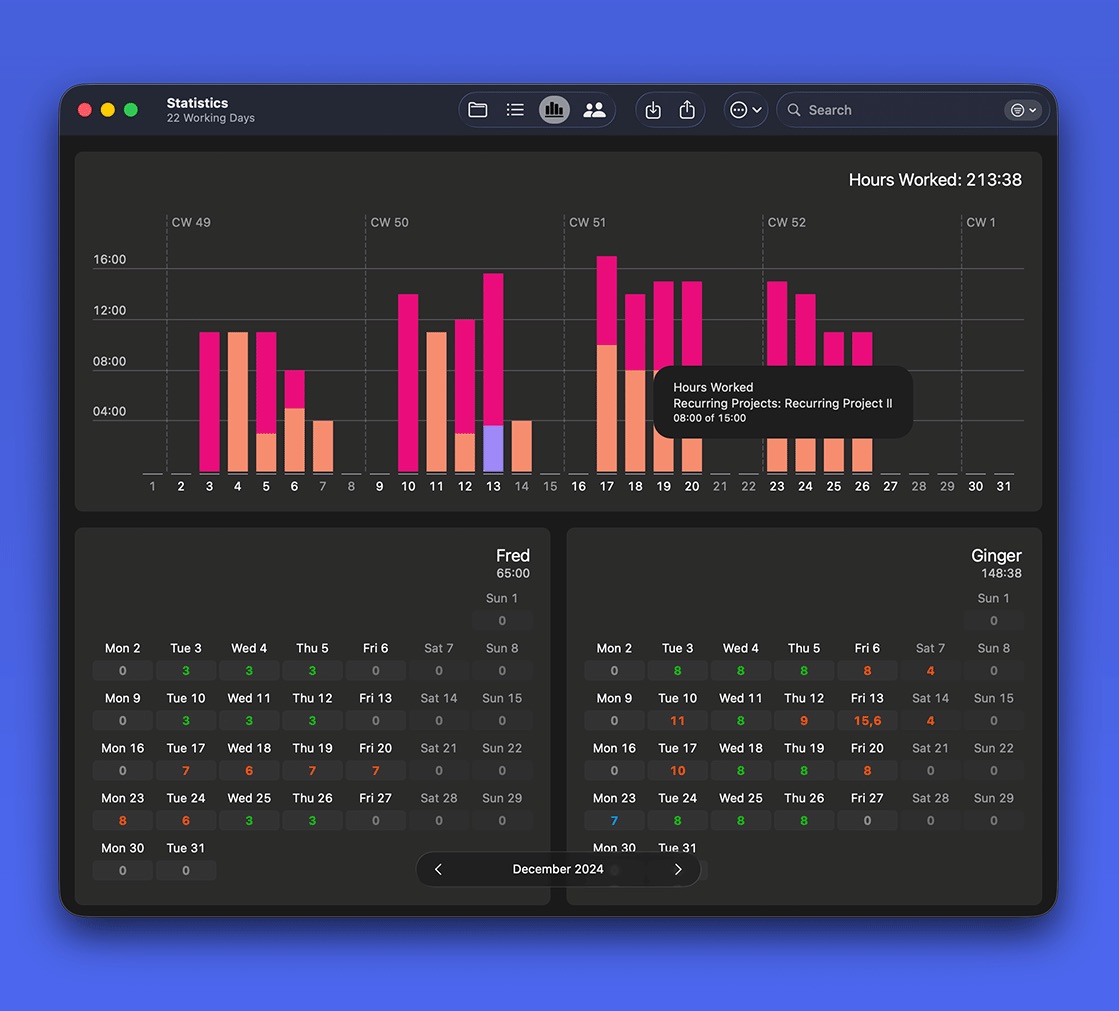 Screen with an overview of your team's working hours and workload